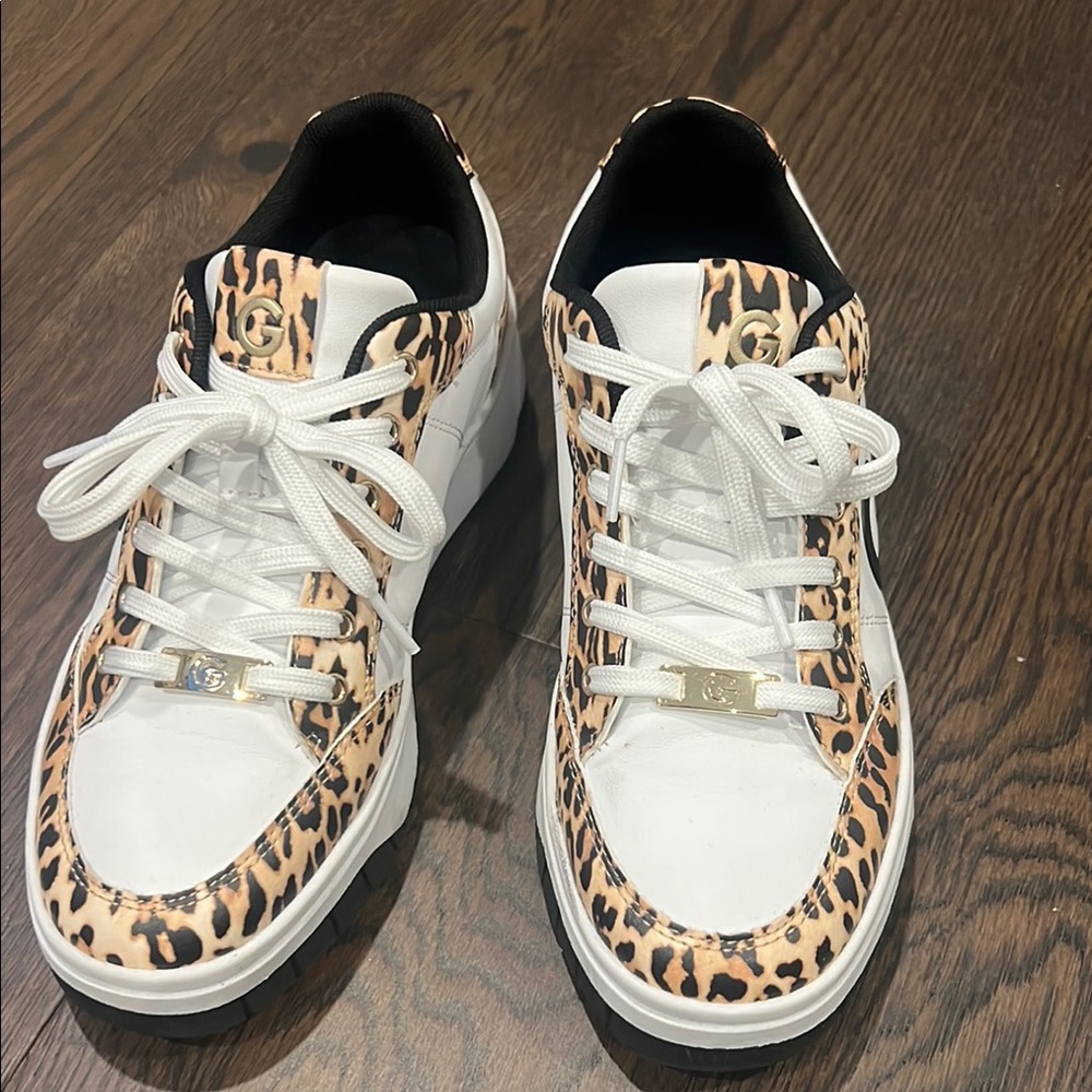 Women's White and Leopard Print Sneakers